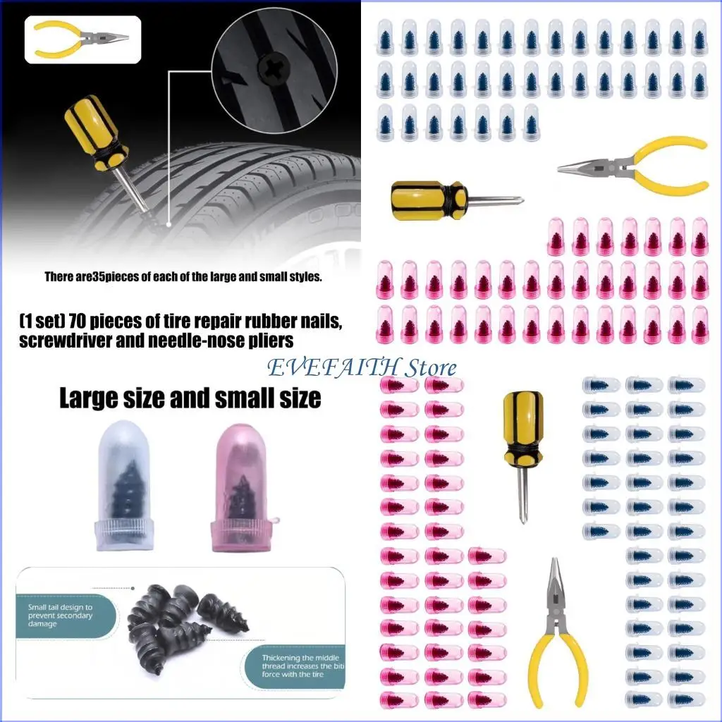 

124B 70Pcs Tire Repair Rubber Nails With Plier Screwdriver For Car Motorcycle Flat Tire Fix On The Go Vacuum Tire Repair