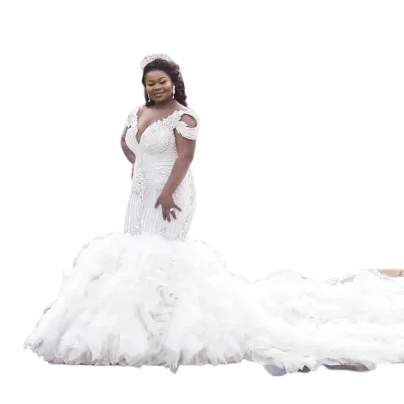 Customized Classic Off The Shoulder Heavy Beading Crystals Mermaid Wedding Dresses Tiered Layers Ruffles Plus Size Bridal Gown