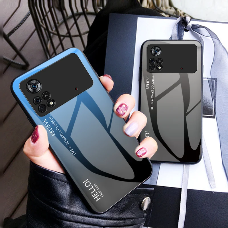 Luxury For POCO X4 Pro Case Tempered Glass Gradient Back Cover Soft Silicone Frame Phone Case For Xiaomi Poco X4 Pro 5G