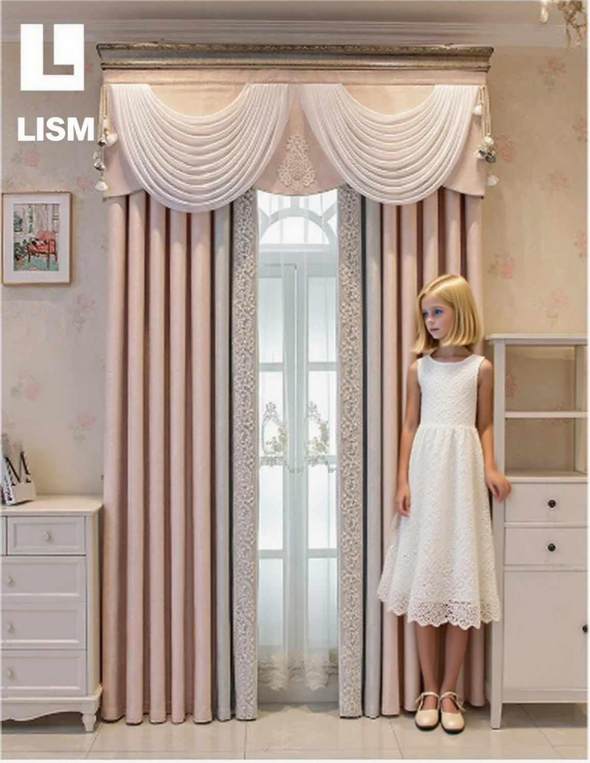 

Gray Pink Spliced Lace Girl Princess Style New Modern Style Nature Vertically Curtain for Living Room Bedroom Dining Custom Size