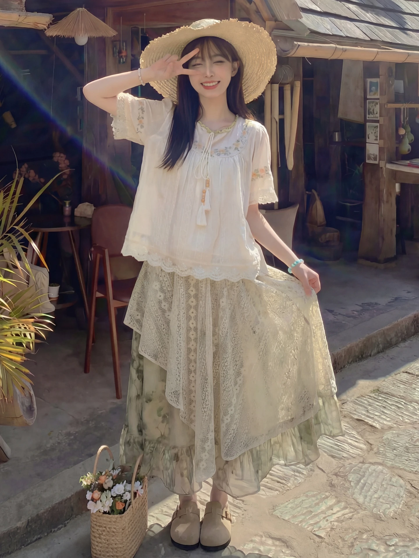 

Юбка миди с высокой талией в богемном стиле с кружевными вставками, универсальная длинная юбка, молодежная повседневная юбка А-силуэта с эластичной талией