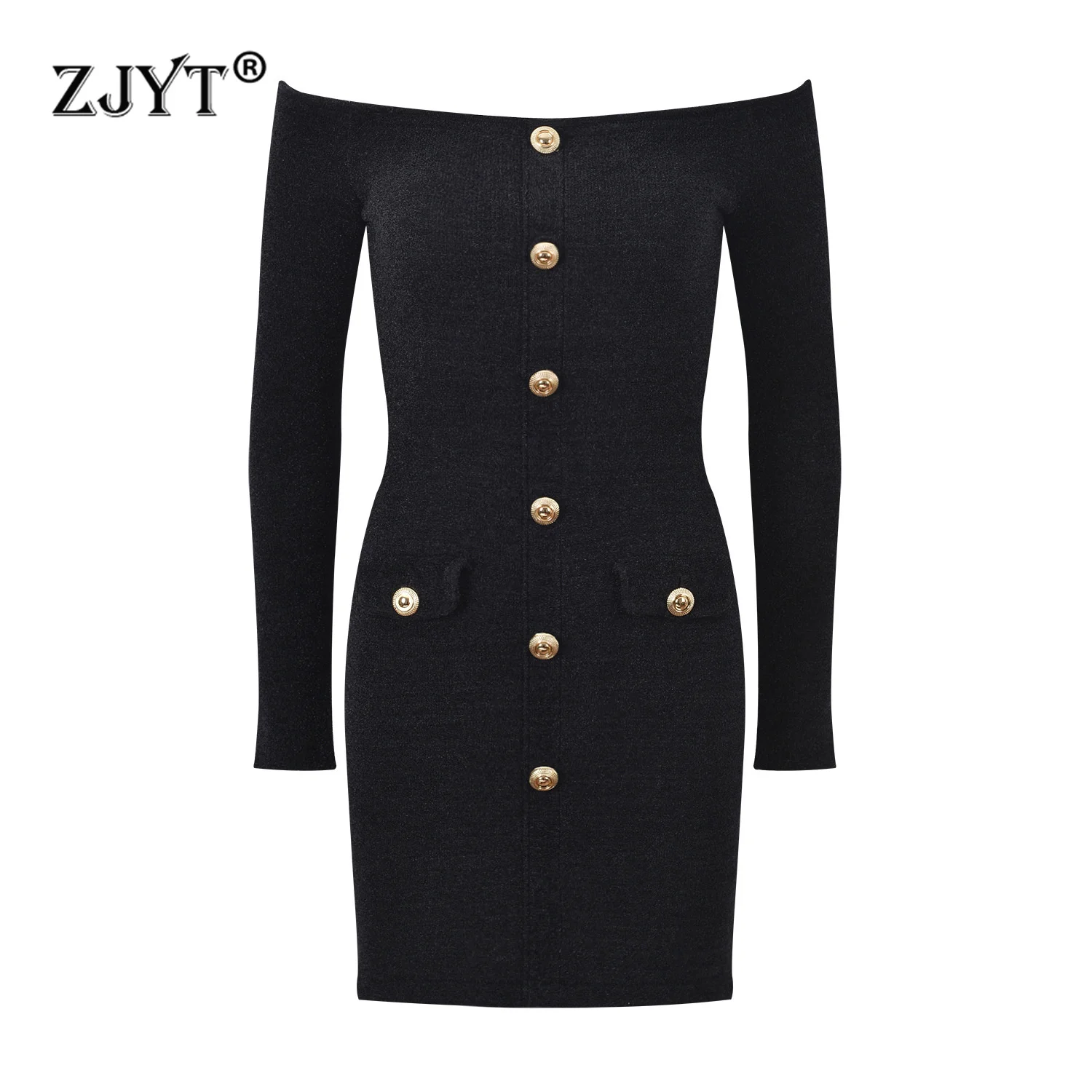 

ZJYT Elegant Slash Neck Buttons Knitting Sweater Dresses Women Spring 2025 Long Sleeve Sheath Party Dress Black Female Vestidos