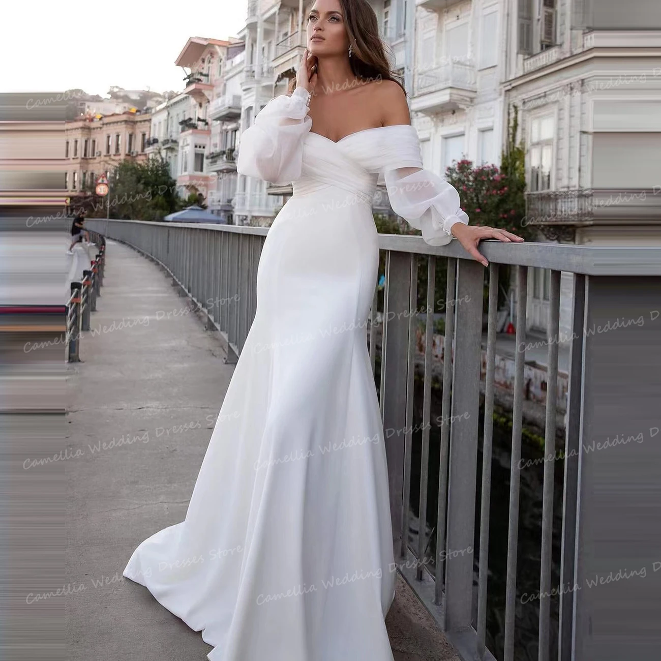 Semplici abiti da sposa con maniche a sbuffo morbide sirena Sexy con spalle scoperte abiti da sposa da donna manica lunga formale Veatido Novia 2024