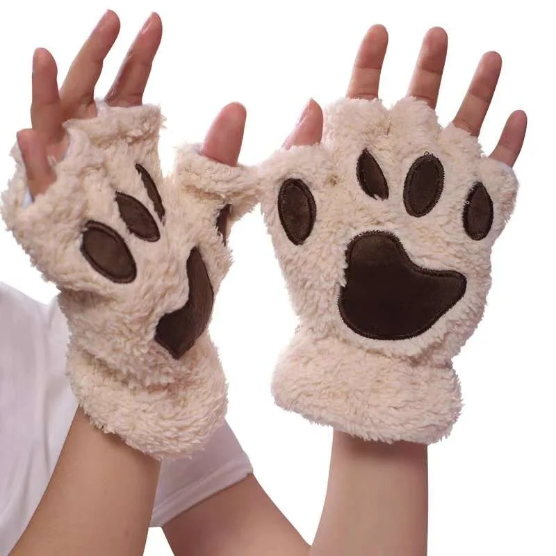 Plush Fingerless Panda Mittens Cute Fluffy Cat Paw Claw Fingerless Gloves Warm Soft Half Finger Women Winter Wear Christmas Gift