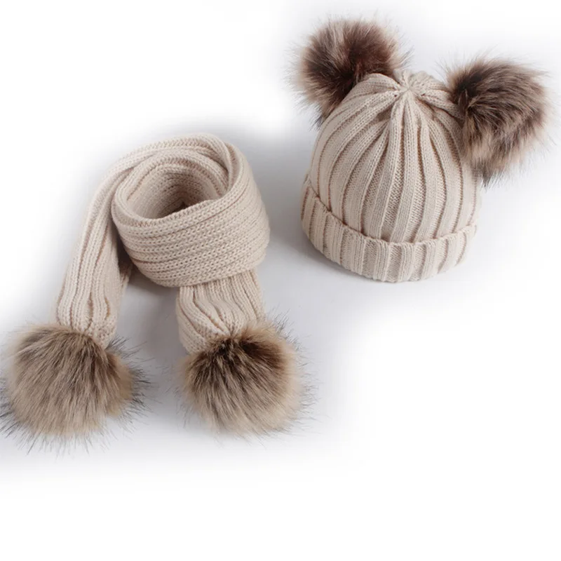 Cute Pompom Kids Scarf Hat Winter Solid Color Knitted Warm Children Toddler Scarves Baby Hats Boys Girls Bonnet Beanie 6-36Month