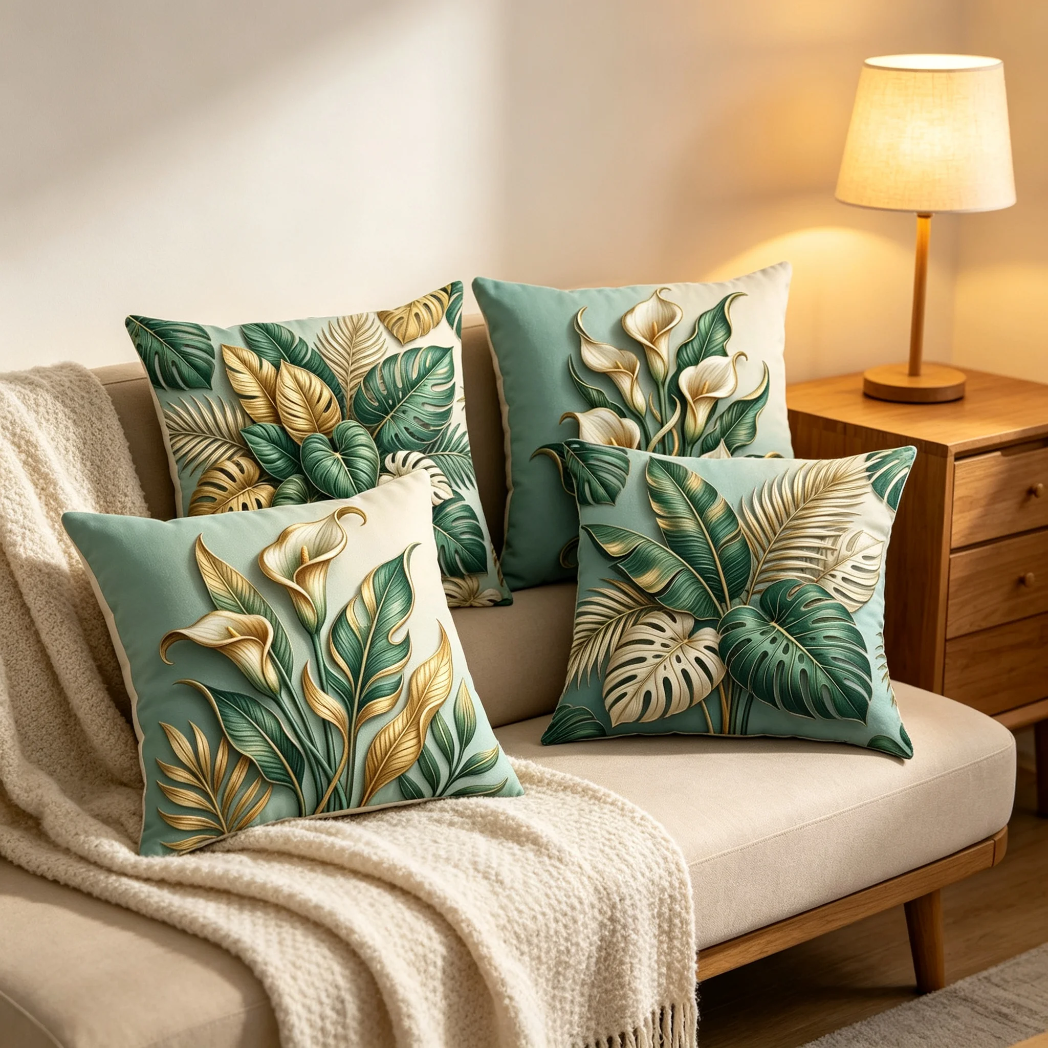 4Pcs Tropical Leaf Pillow Covers Calla Lily Monstera Palm Leaf Gold Green Cushion Cases for Sofa Living Room Home Decor