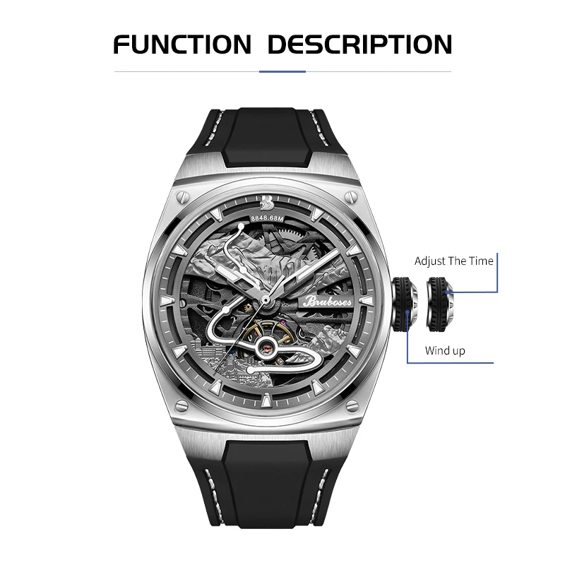 BRUBOSES Male Wristwatch Luxury Automatic Winding Silicone Band Mechanical Watch for Men Luminous Waterproof Clock Reloj Hombre