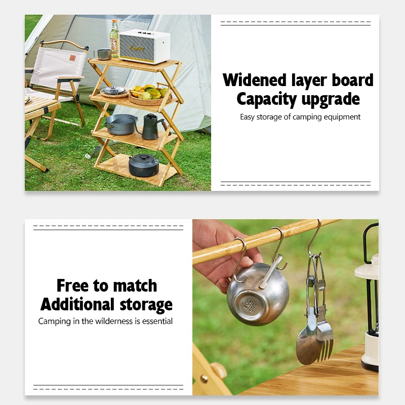 3/4Tier Camping Wood Shelf Rack Outdoor Portable Multi-layer Foldable Rack Folding Camping Table pliante Lightweight Table Stand