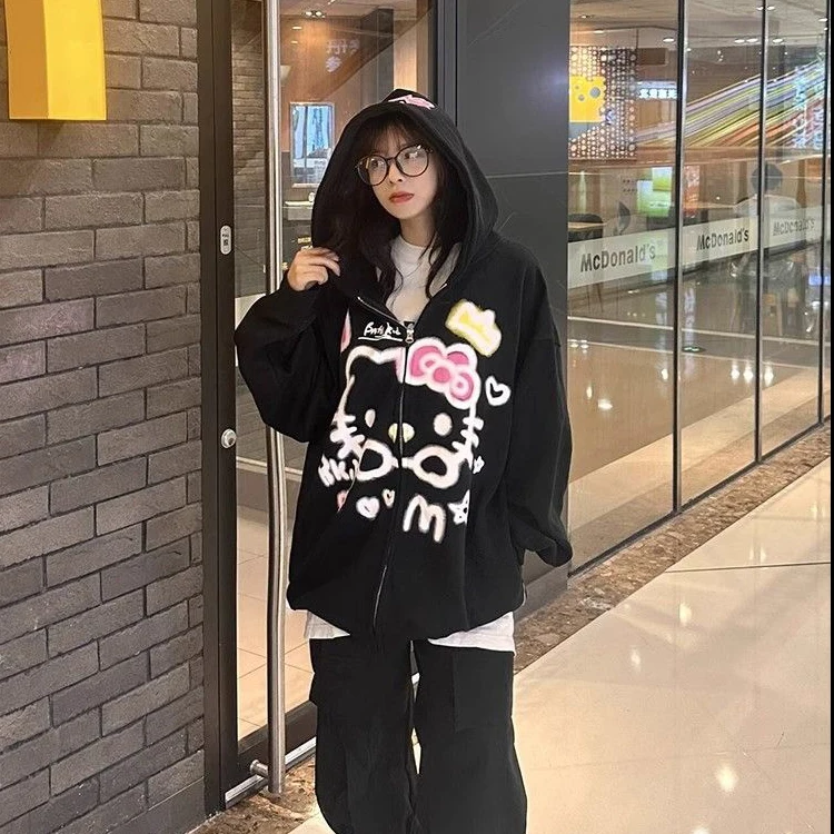 

Sanrio Hello Kitty Kawaii 100% Cotton Heavyweight Cute Cartoon Cardigan Zip Hooded Sweater Female Autumn Jacket Loose Lazy Wind