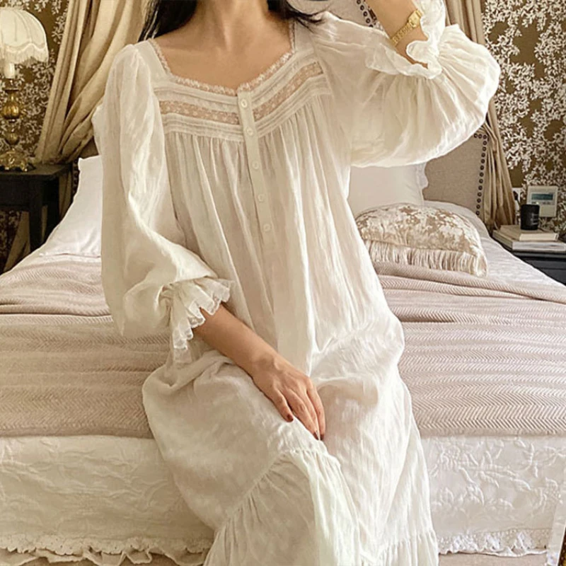 Spring Autumn Full Sleeves Long Night Dress Victorian Romantic Princess Sleepwear Home Wear Women Pure Cotton Vintage Nightgowns