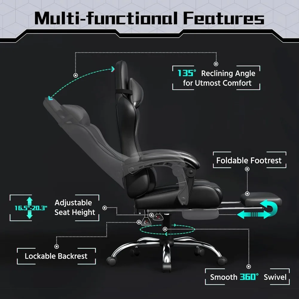 Comfortable PU Leather Gaming Chair with Footrest Massage Lumbar Pillow Reclining; Durable Metal Frame Supports Up to 300 lb view 4