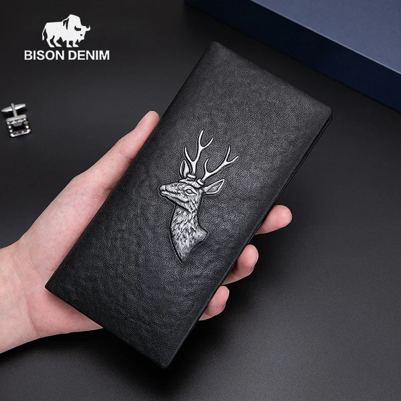 

BISON DENIM Men's Long Wallet Top Layer Leather Novel Card Holder Luxury Design Large Capacity Cowhide Handbag Men Women Purse