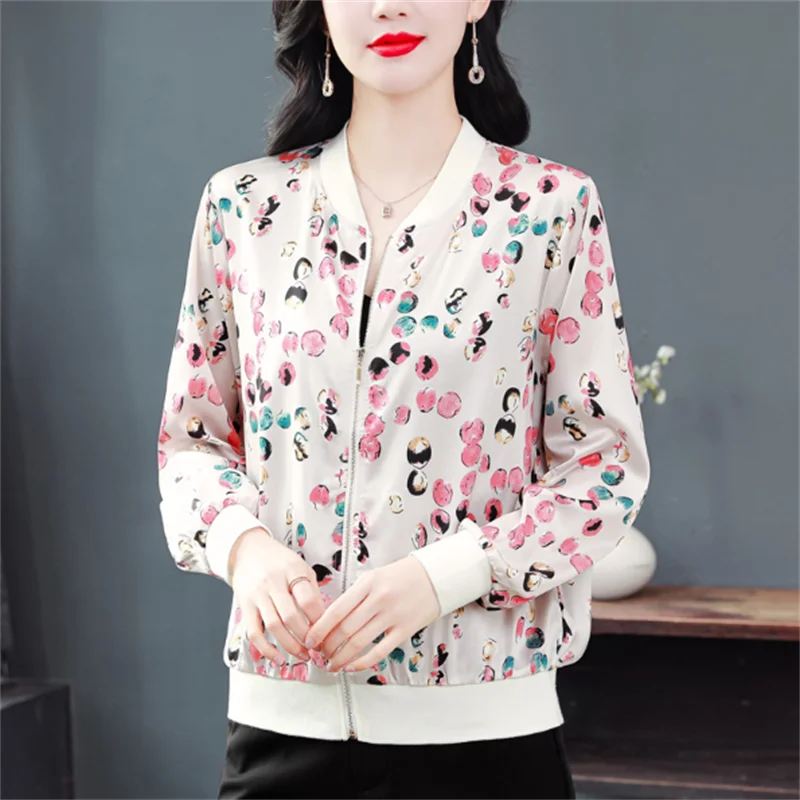 Satin Short Jacket Women Thin Coat Baseball Jackets Smooth Long Sleeve Outerwear Spring New Zipper Ceketler Print Female Jacket