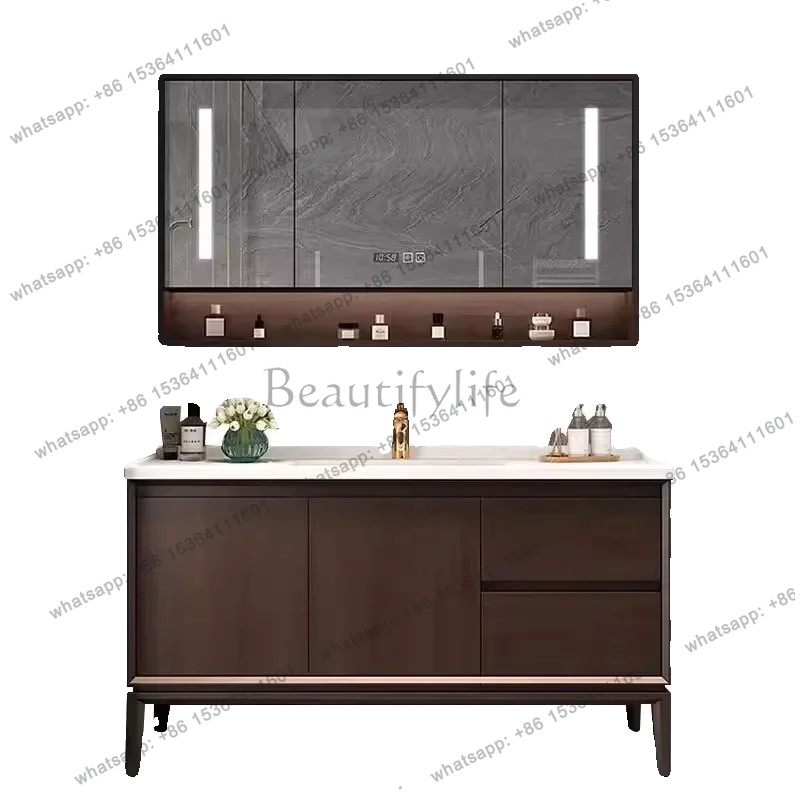New Chinese bathroom cabinet Oak smart mirror cabinet Integrated ceramic basin Solid wood bathroom cabinet Floor