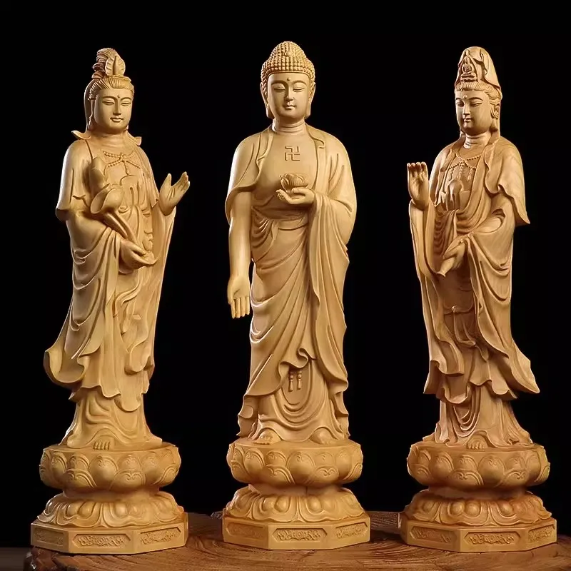The Three Sacred Saints of Western Paradise - Boxwood Statue Set: Amitabha, Guanyin & Mahasthamaprapta, Ultimate Home Altar Trio