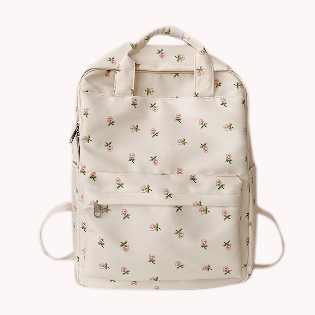 Women Simple Floral Backpack Large Capacity Canvas Travel Laptop Rucksack Adjustable Strap Students Daily Bag