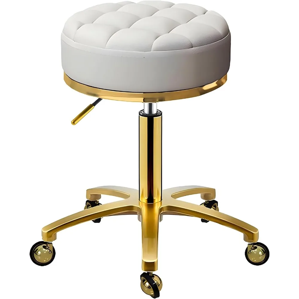 

Gold Rolling Stool, Round Roller Swivel Chair, Pedicure Salon Spa Massage Chair with Wheels, PU Leather Seat Padded, Adjustable