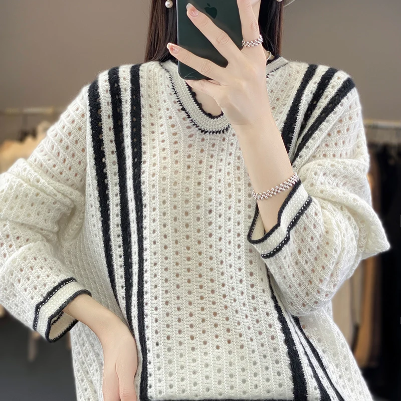 Autumn and winter new V-neck 100 pure cashmere sweater women loose thin hollow sweater knitted wool soft waxy base top