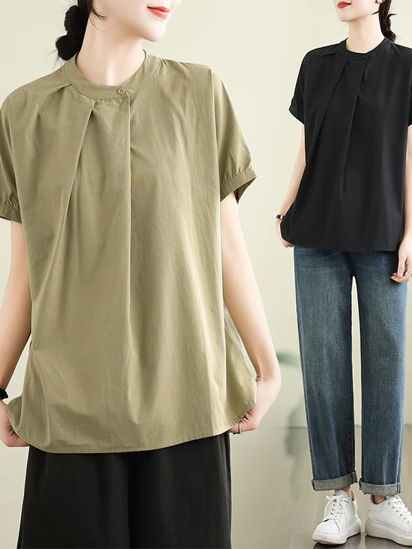 레트로 칼라 순면 루즈핏 여성용 여름 2025 신상 캐주얼 컬러 탑 라운드 넥 미디 길이 셔츠
