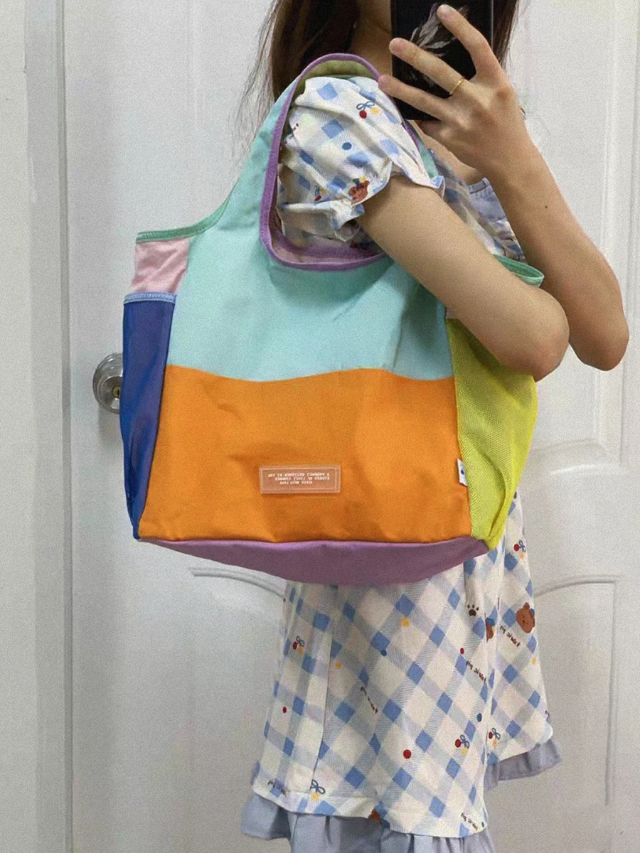 Color Block Canvas Tote Bag Women's Portable Handbag Stacking Mommy Bucket Bag Commuting Trendy Foldable Soft Cotton Casual