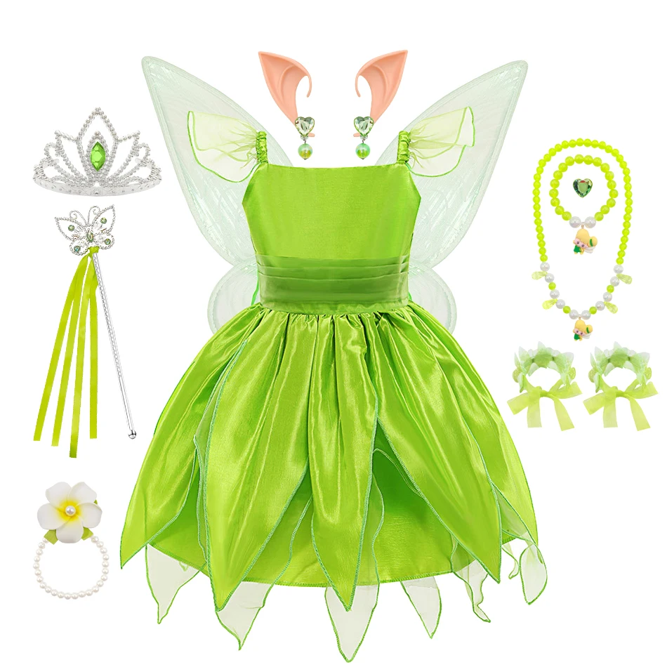 Tinker Bell Feenkostüm für Mädchen, grünes Blattkleid, Flügel, Elfenohren, Zubehör, Halloween-Cosplay-Outfit, Elfenkleid für Fotoshooting