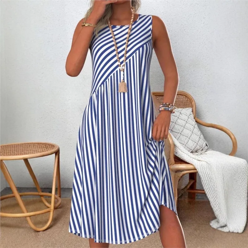 

Fashion Stripe Print Patchwork Midi Dress Summer Sleeveless O-neck A-line Beach Party Dress Loose Casual Vacation Dress Robe