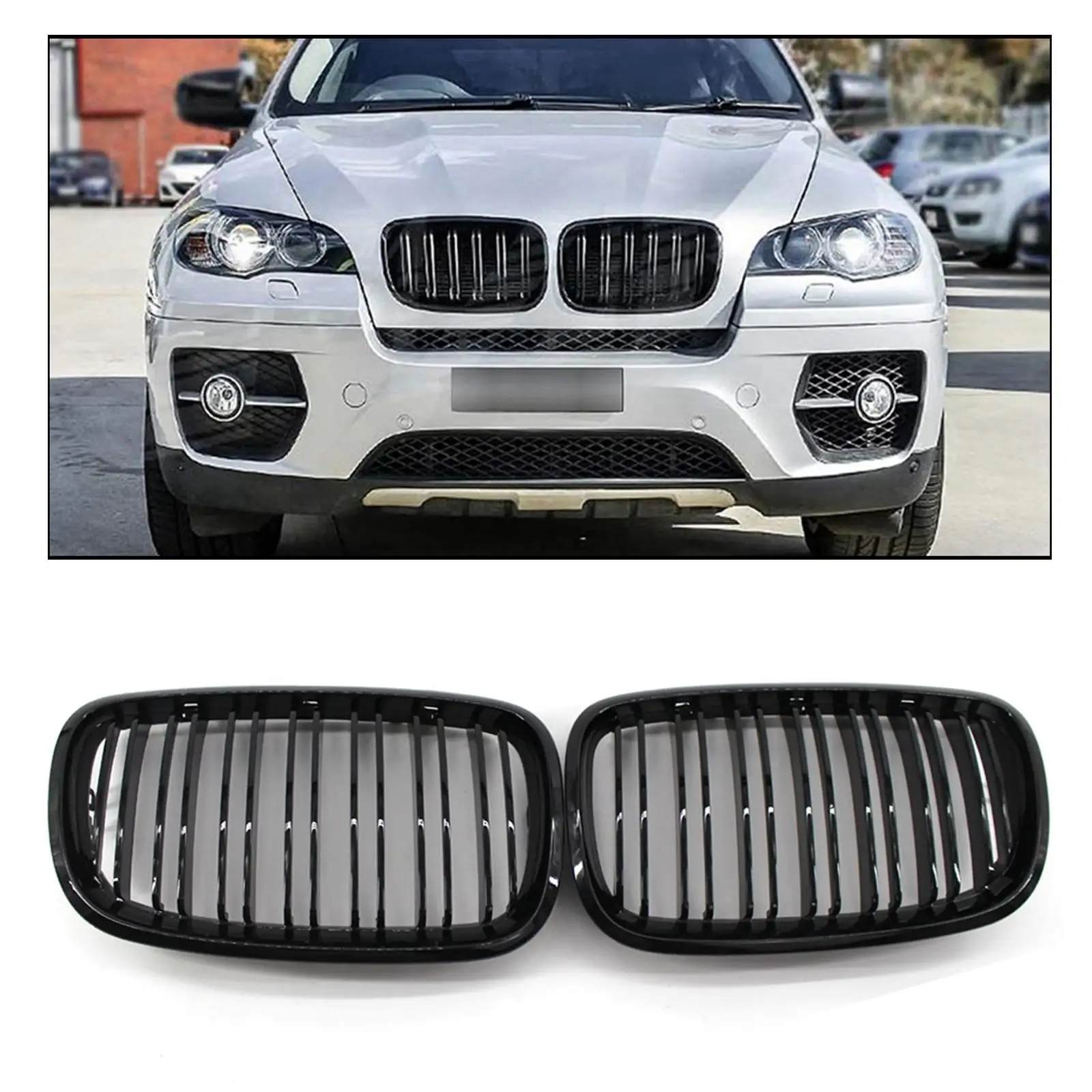 Front Double Line Grille for BMW E70 X6 X5M X6M 2007-2013 2-Pc Set