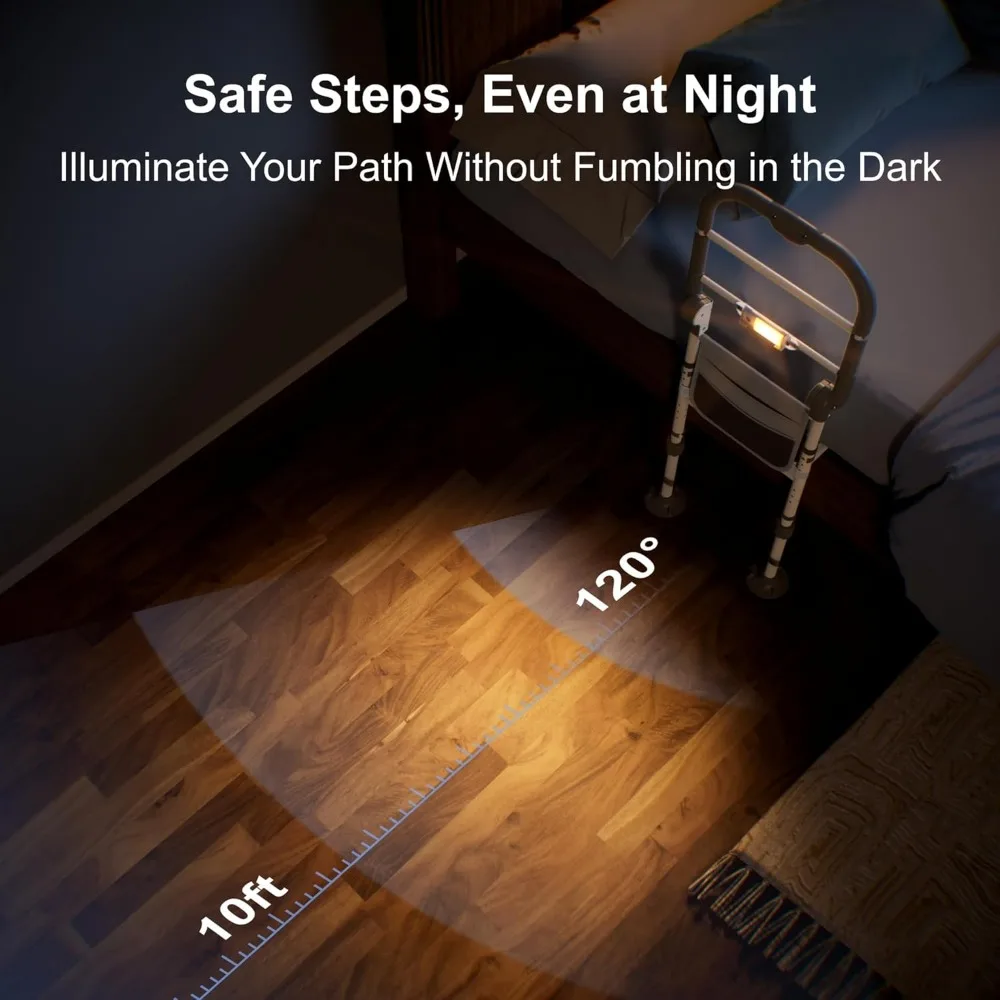 Foldable Bed Safety Rail with Adjustable Height, Non-Slip Handle, Motion Sensor Light & Storage Pouch for Elderly Support