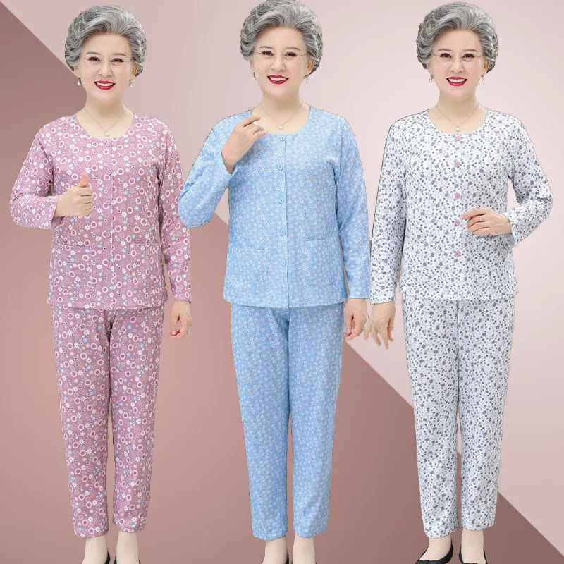 

ly Women's Spring Summer Long Sve Spwear Set Open Cardigan Thin Home Clothes 60 Years Old 70 Mother Pure Cotton