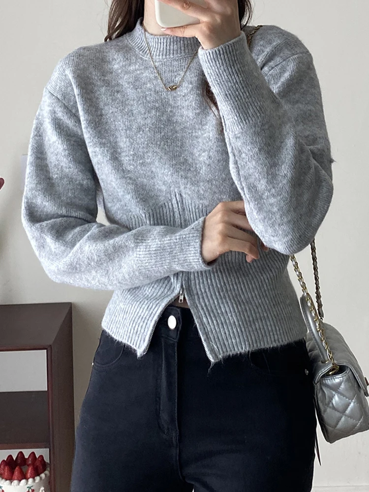 

Свитер с половиной молнии и застежкой-молнией на талии, вязаные пуловеры в рубчик с длинными рукавами, женский осенне-зимний наряд