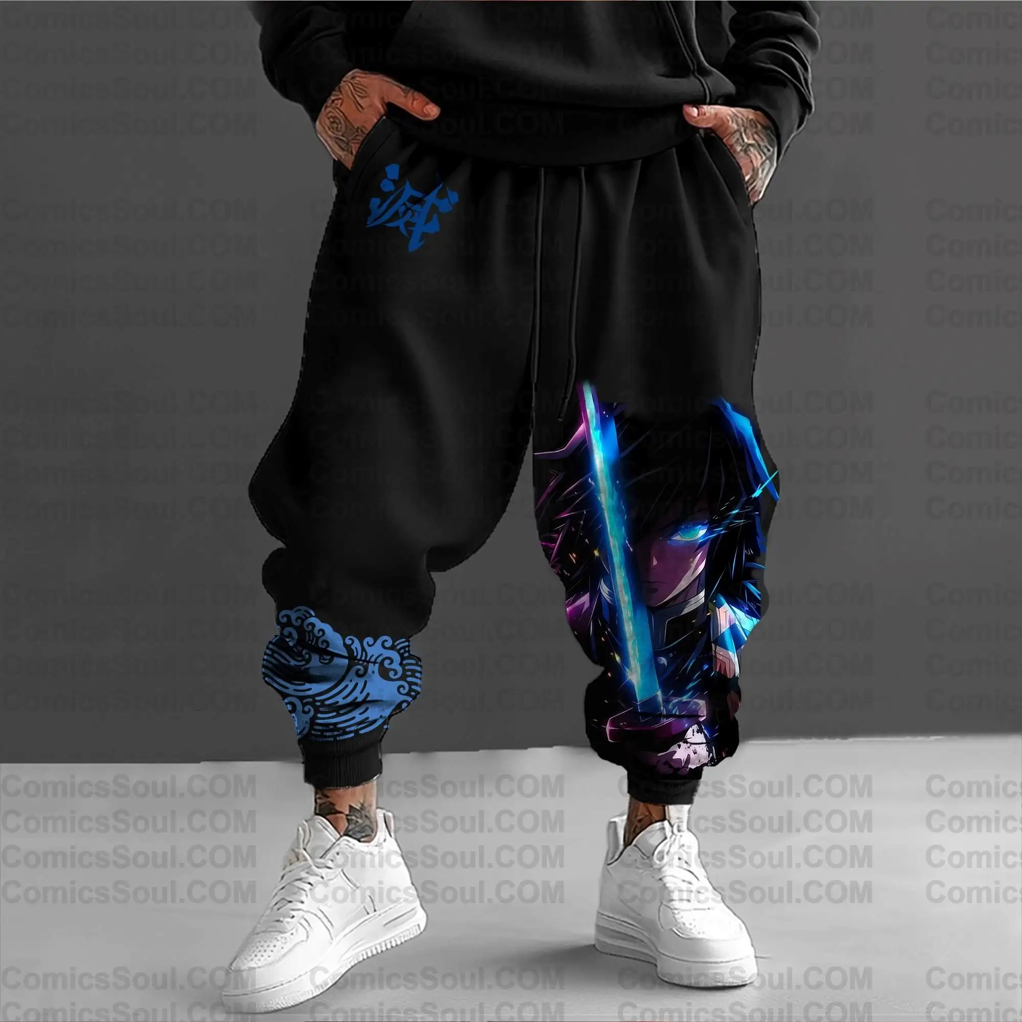 Demon Slayer Kimetsu No Yaiba Giyu Tomioka zwarte hoodie set waterpatroon blauw zwaard karakter print outfit met sneeuwvlok logo