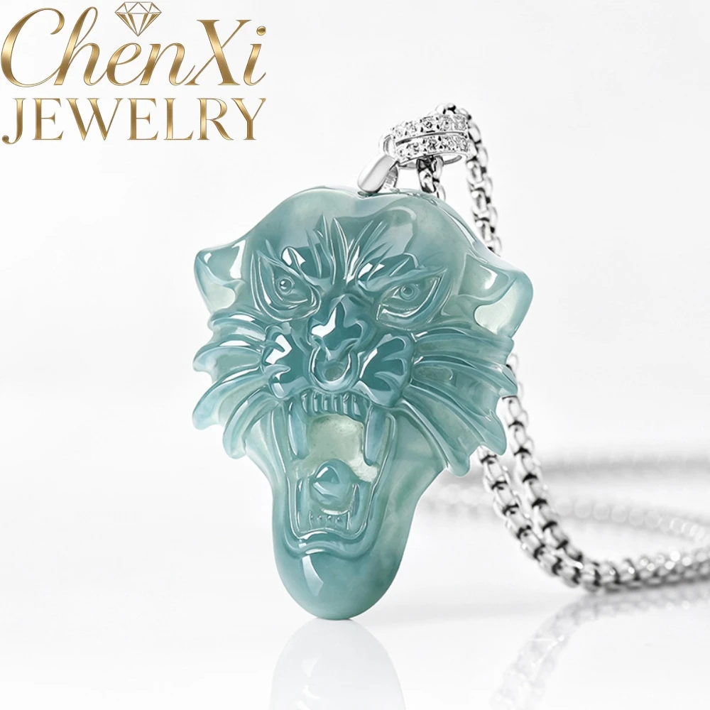 Genuine Natural Grade A Icy Blue Water Jadeite 3D Leopard Head Pendant S925  Inlaid Jade Necklace Unisex Fashion Jewelry Gift