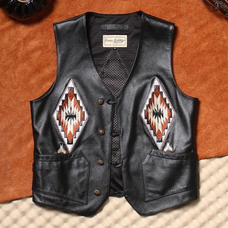 Retro American Leather Vest Men's Patchwork Embroidery Navajo Style Western Cowboy Vest V-neck Genuine Leather Shoulder Pad