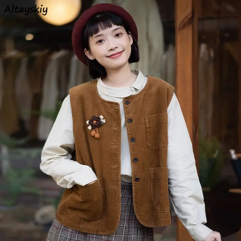 Vintage Vests Women Japanese Sweet Corduroy O-neck Sleeveless Versatile Loose Y2k Clothes Preppy All-match Coats Gentle Newest