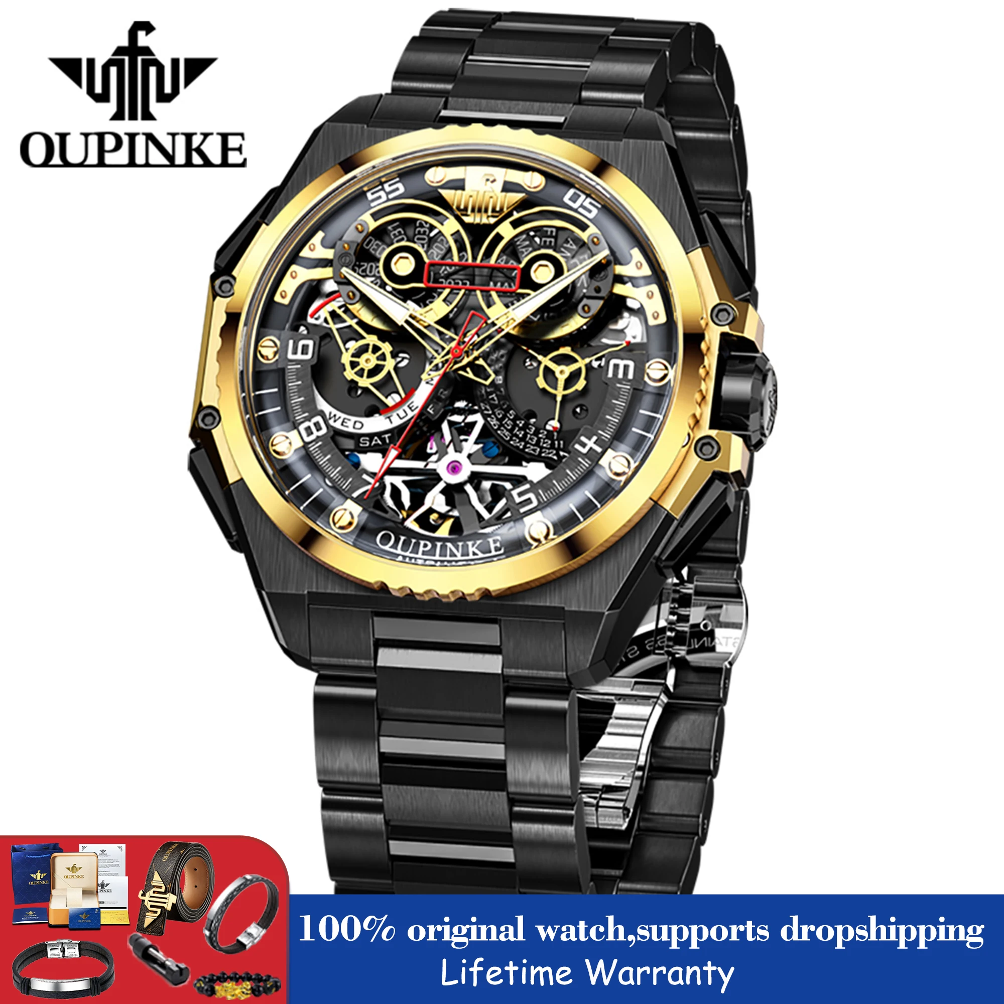 

OUPINKE Top Luxury Brand Mens Watch Synthetic Sapphire Mirror Skeleton Mechanical Watch For Men Waterproof Male Clock 3266