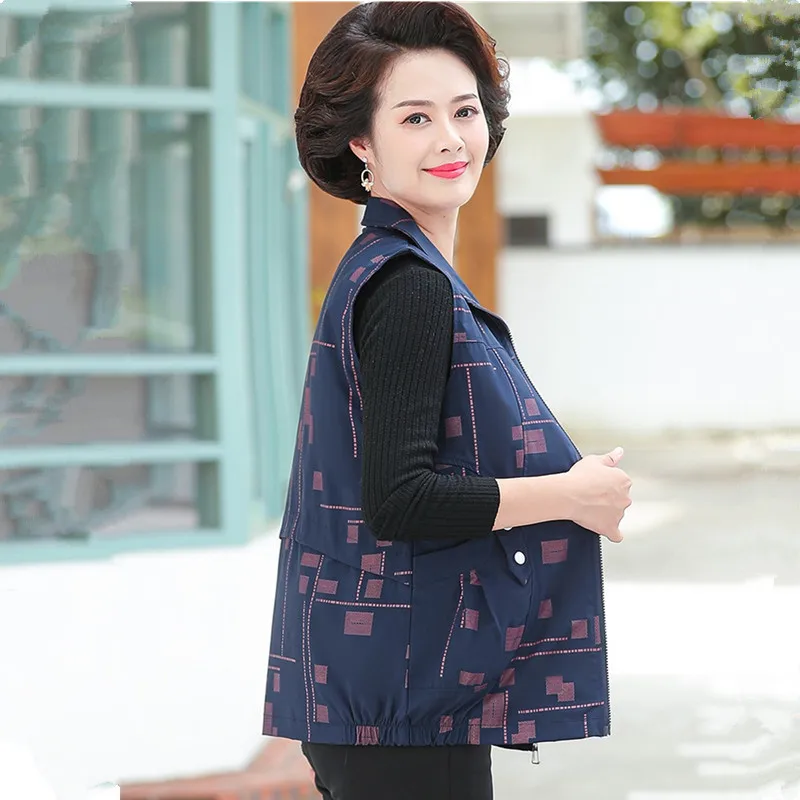 UHYTGF 2022 Spring Autumn Vest Women Jacket Middle-Aged Elderly Female Coat Print Korean Loose Big Size Waistcoat Chaquetas 2072