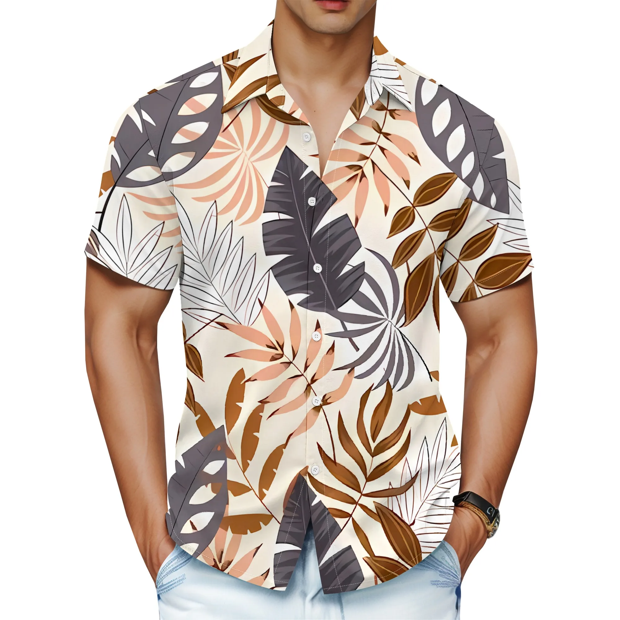 YEAE Tropical Leaf Print Shirt for Men Summer Casual Short Sleeve Top