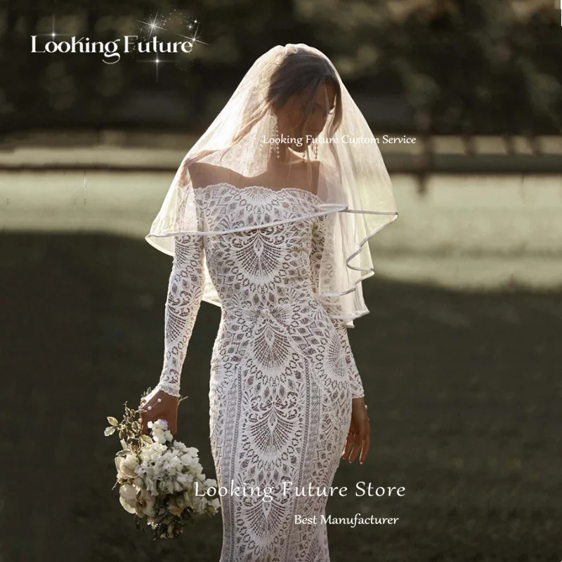 Exquisito vestido de novia de sirena blanca con bordado de encaje para mujer, vestido de novia Sexy de manga larga con hombros descubiertos y espalda descubierta personalizado 2025