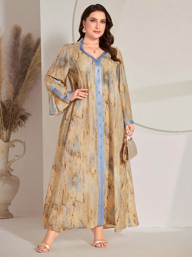 

2024 Autumn Print Kaftan Women Muslim Maxi Dress Loose Arabic Robe Eid Ramadan Turkey Abaya Dubai Djellaba Islam Clothing Gown