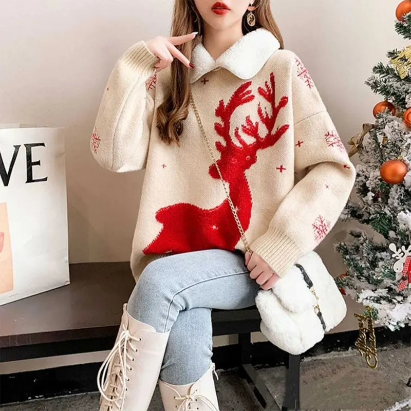 Christmas Elk Knitted Sweaters Female Clothing Sweet Peter Pan Collar 2023 Autumn Winter Long Sleeve Stylish Snow Korean Jumpers