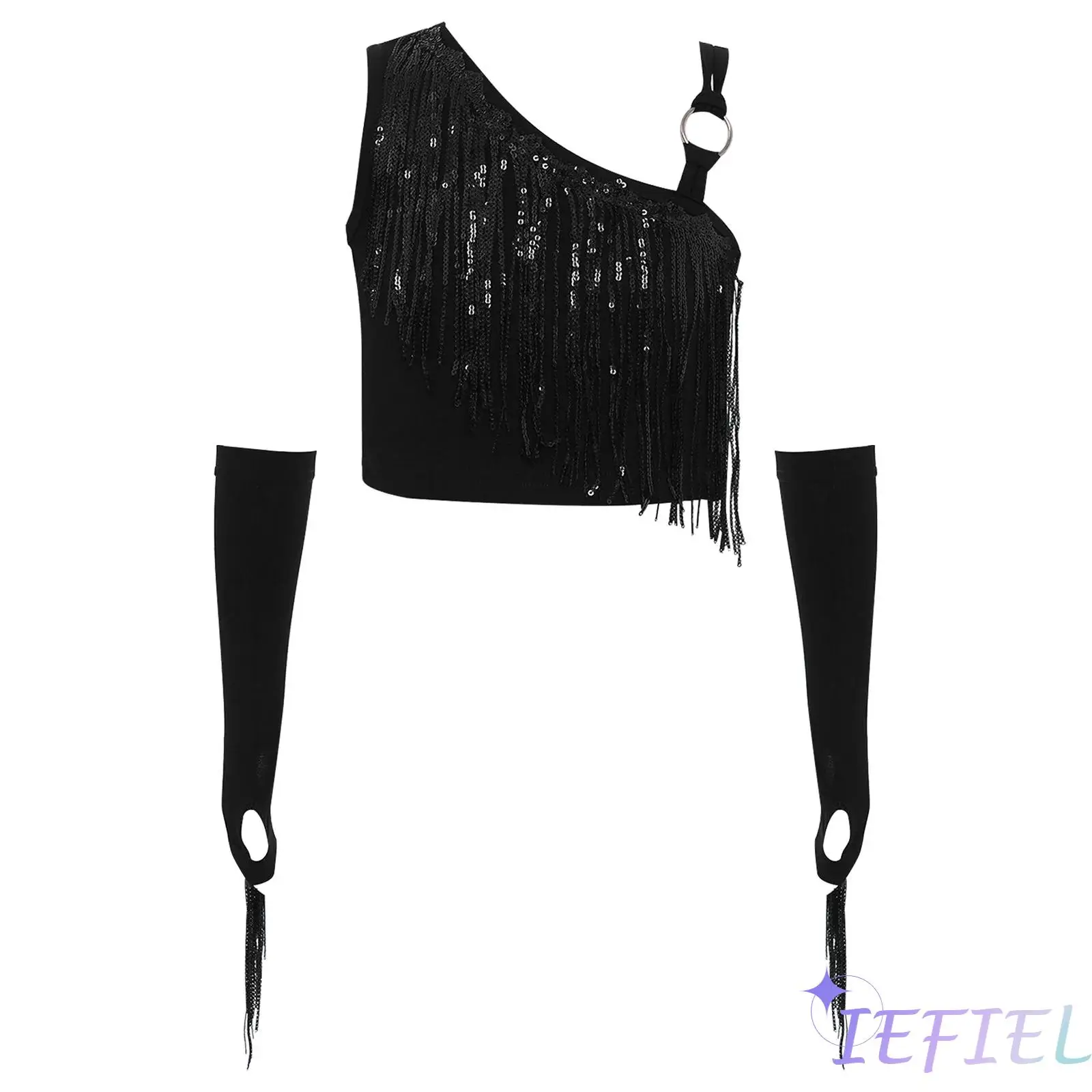 

Kids Girls Hip Hop Jazz Dance Performance Costume Shiny Sequin Tassels Asymmetrical Crop Top with Fringe Gloves for Dance Show