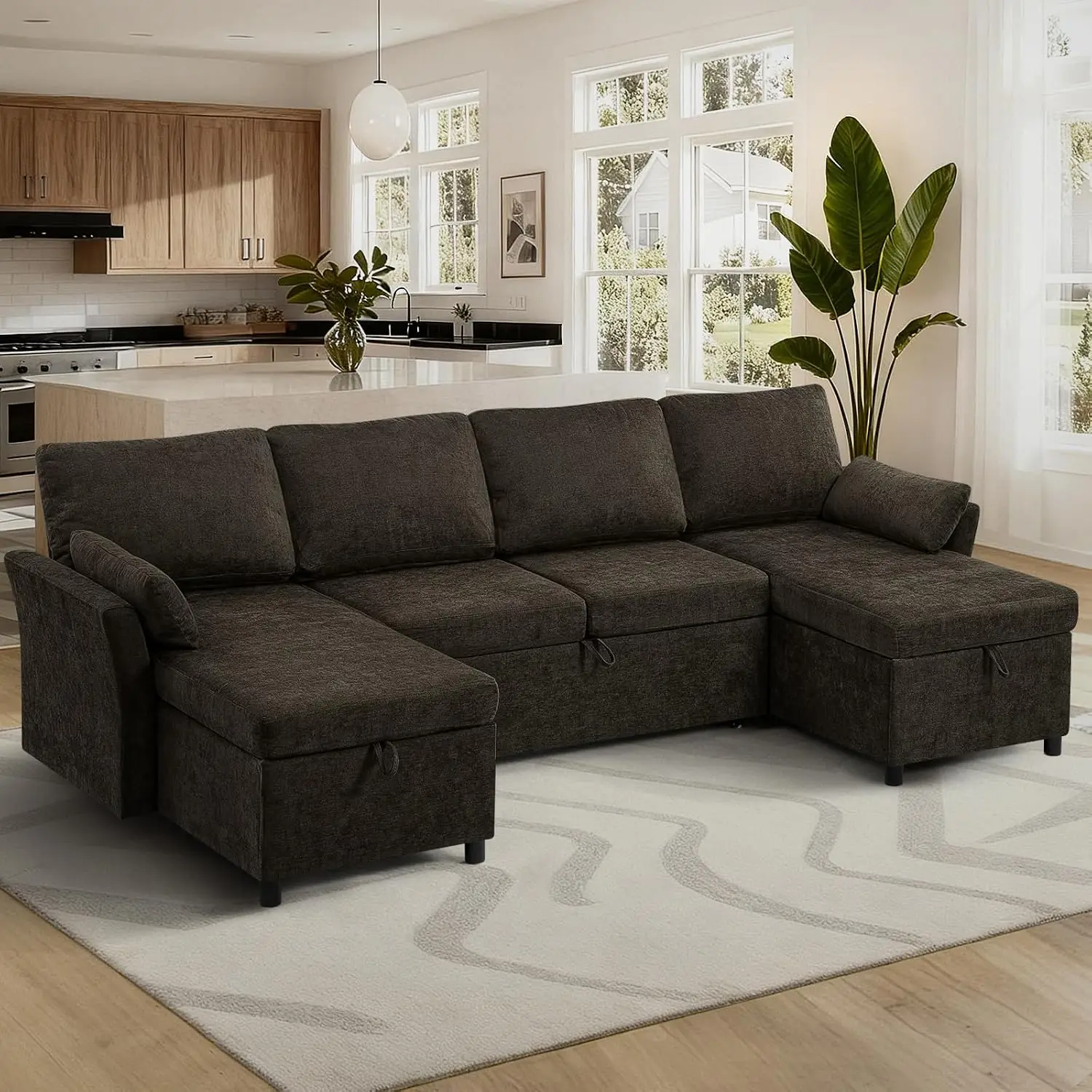 107 Inches Chenille Sectional Sofa with Pull Out Sofa Bed, Brown, Modern U-Shape Sofa with Throw Pillows, Comfortable Sleeper