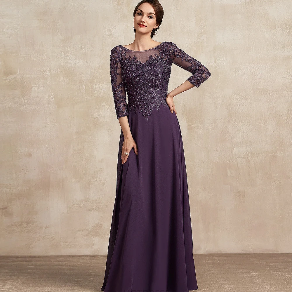 

Chiffon Mother of the Bride Dresses Jewel Neck 3/4 Sleeves Wedding Party Gowns Seqin Appliques Floor Length A-Line فساتين السهرة