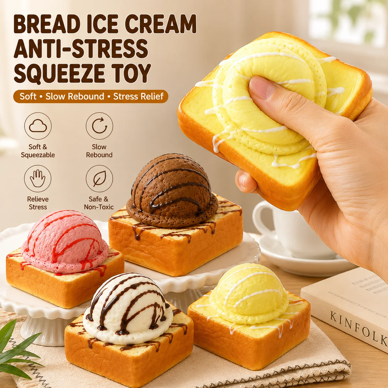 1PCS Simulation Toast Ice Cream Soft Squeeze Toy Slow Rebound Portable Slow Rising Toy ﻿Gifts for Kids Adults Window Props Decor