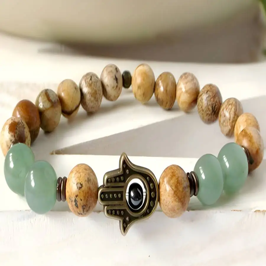 

8mm Picture Stone Bracelet 7.5 inches Natural stone Yoga Zen Gemstone Chaplet Chakra tassel Stone Women Bodhi Sacred Nirvana