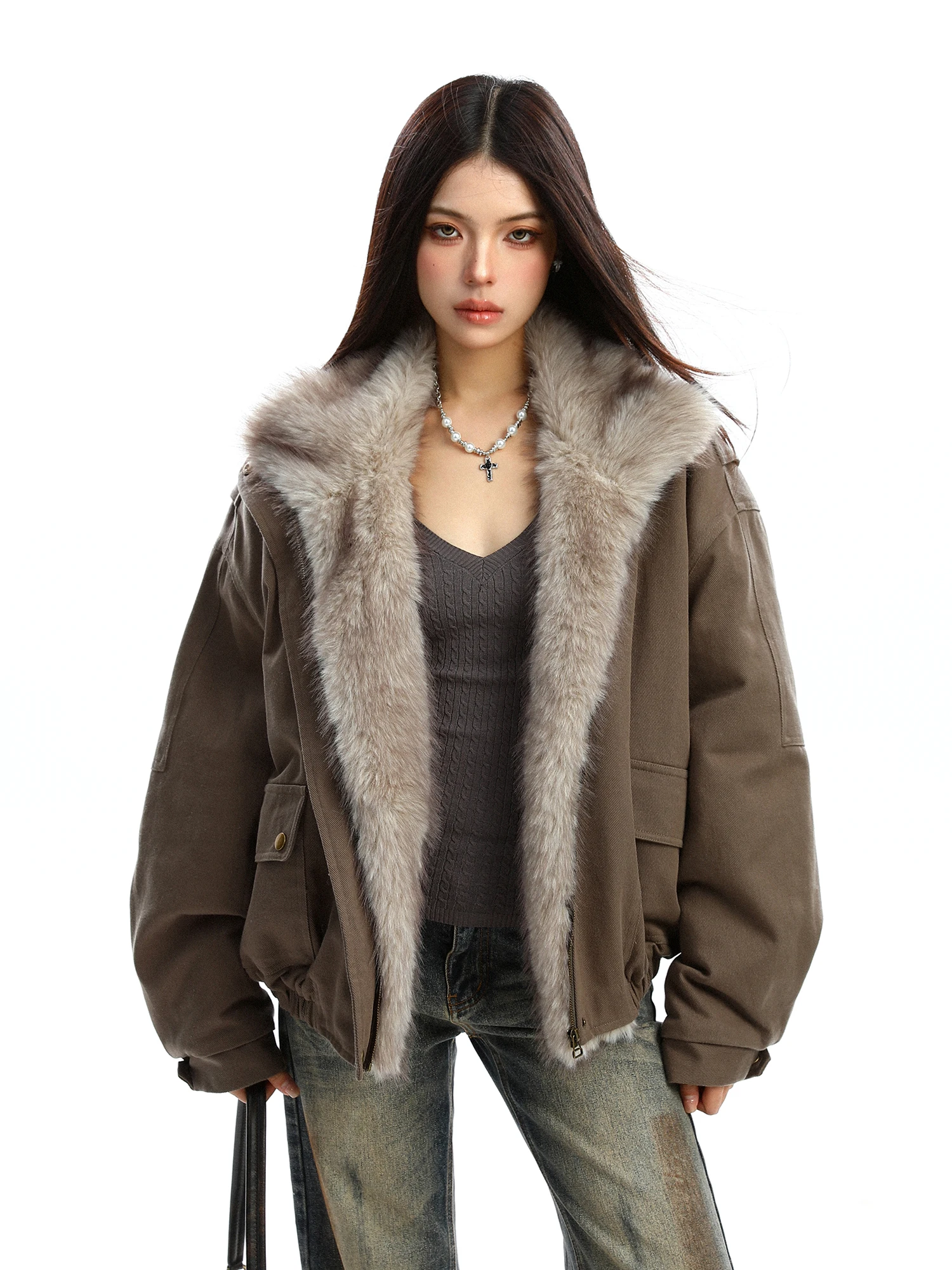 

Biggold Thiened Parka Sle Women's Coat with Fur Collar Loose Fit Winter Warm Outerwear Street Sle Long Sve Zipper Cl...
