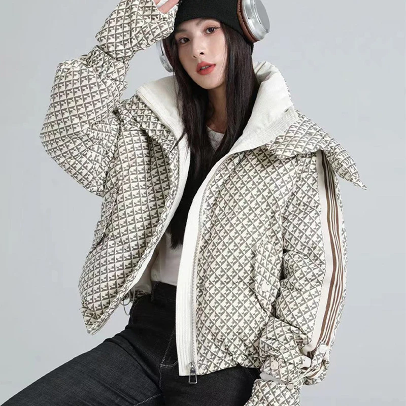 Down Coats with Gloves for Women, Thick Loose Hooded Jacket, Trendy Outerwears, Kilobird Check, High Street, Winter, New