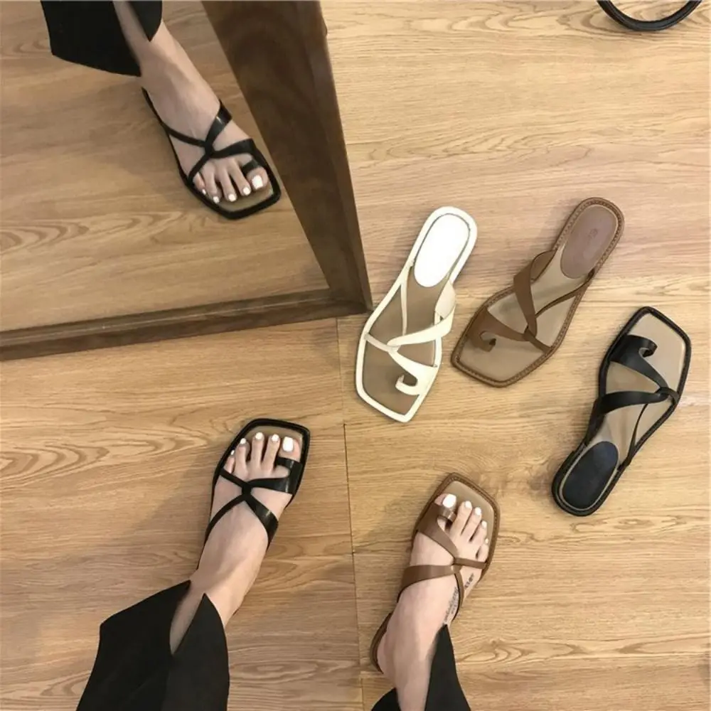 Comfortable Toe Cross Straps Solid Color Slippers Flat PU Thong Sandals Soft Lightweight Women's Slippers Vacation