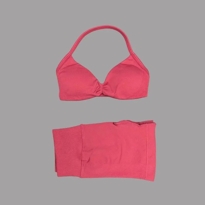 2 Piece Sports Gym Set Strappy Bra Yoga Underwear Short Sport Leggings Bicycle Running Sportswear Woman Seamless Yoga Set image 3