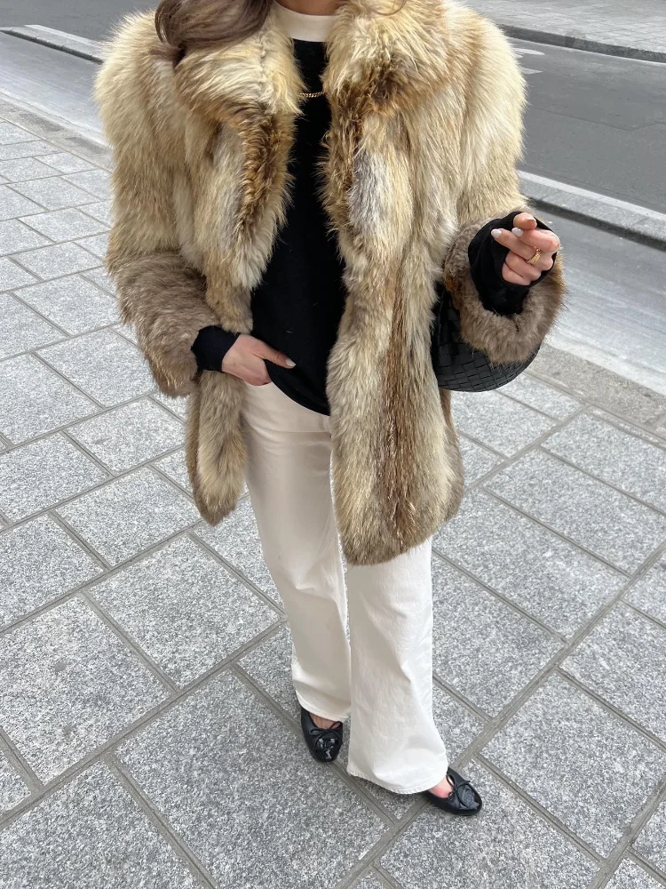 Elegant Women Faux Fur Thick Coat Fashion Lapel Long Sleeves Loose Cardigan Autumn Winter Chic Lady Warm Commuting Outerwear